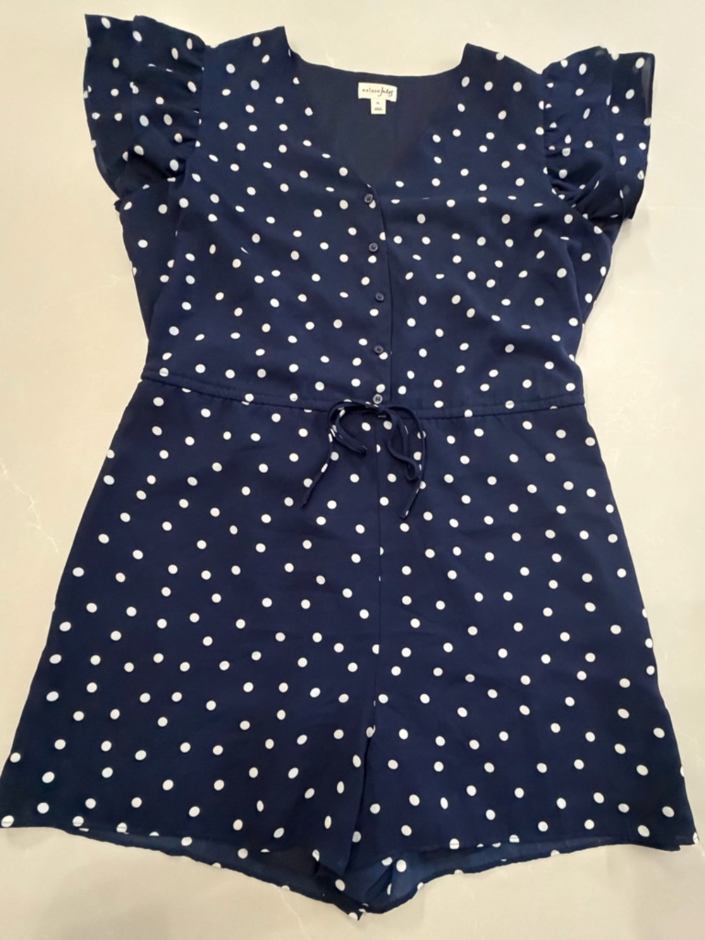 Maison Jules Navy Polka Dot Romper Ruffle Sleeve Drawstring, XL